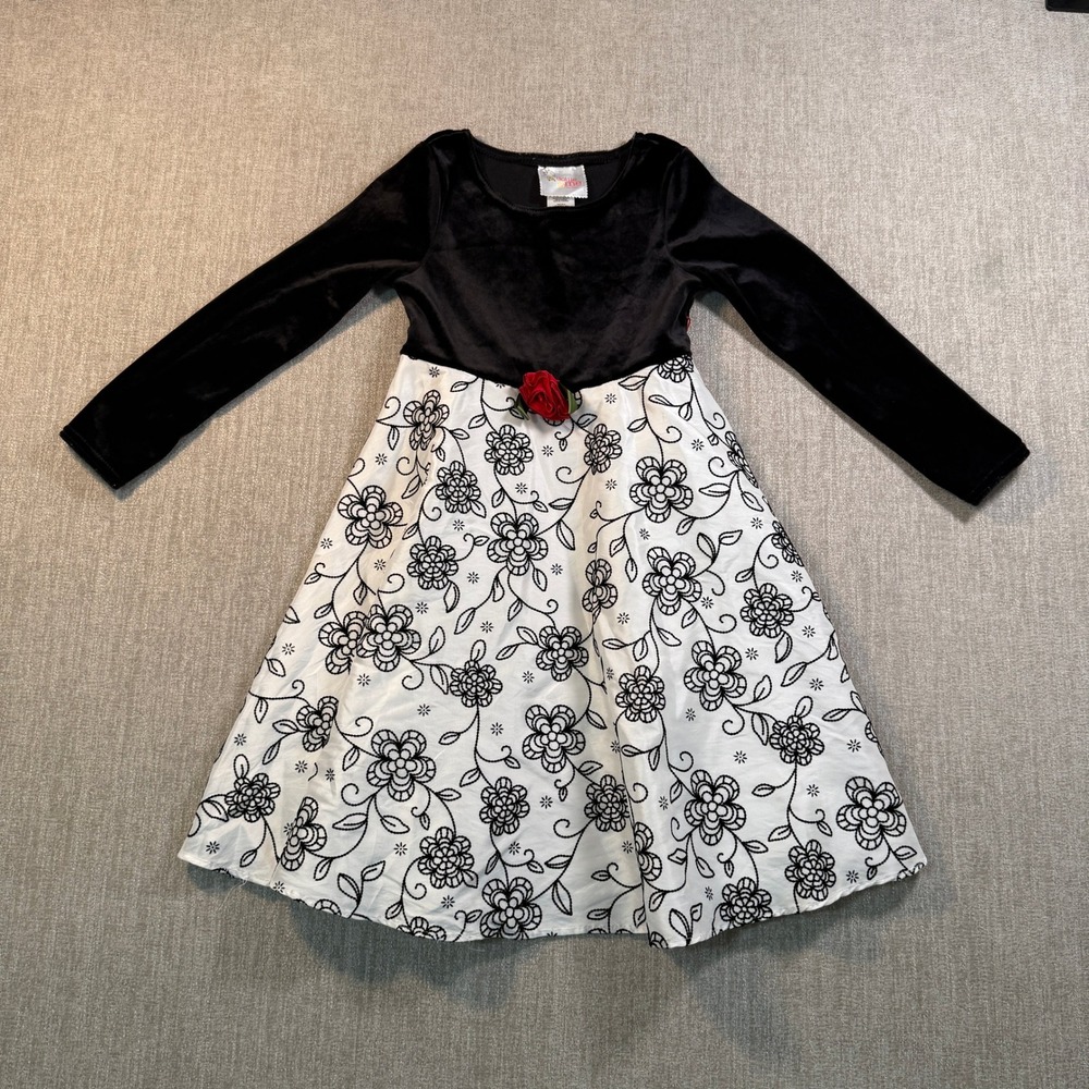 Dollie & Me Girls Black Velvet Floral Embroidered Party Dress Size 6X 5101264